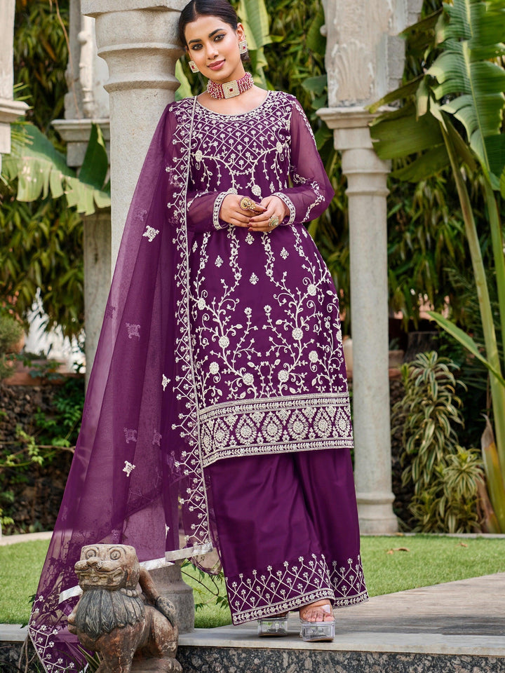 Attractive Purple Embroidered Net Salwar Kameez With Dupatta