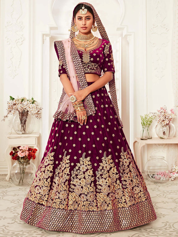 Attractive Purple Embroidered Velvet Bridal Wear Lehenga Choli - Zeel Clothing