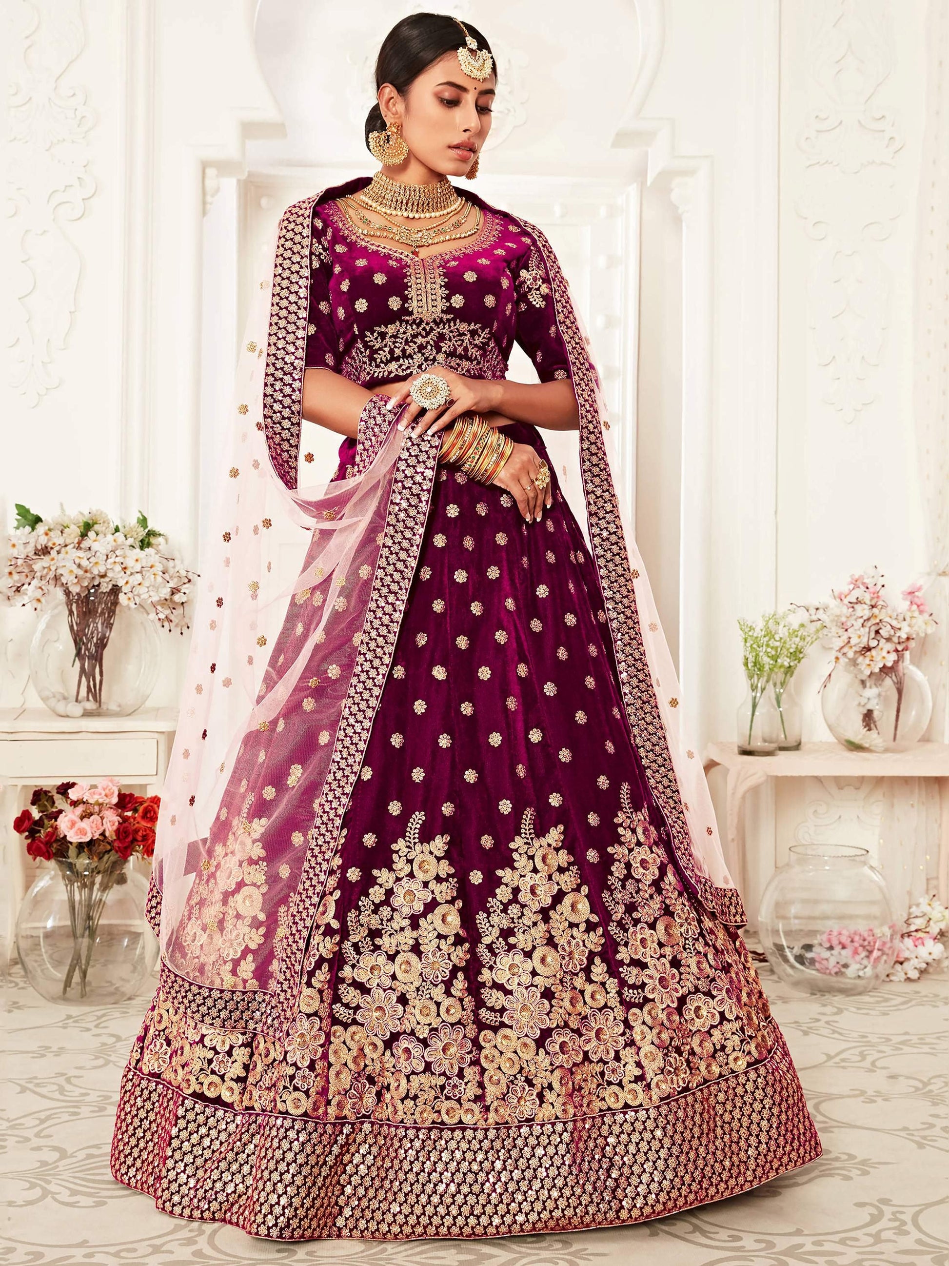 Attractive Purple Embroidered Velvet Bridal Wear Lehenga Choli - Zeel Clothing