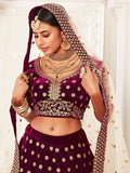 Attractive Purple Embroidered Velvet Bridal Wear Lehenga Choli - Zeel Clothing