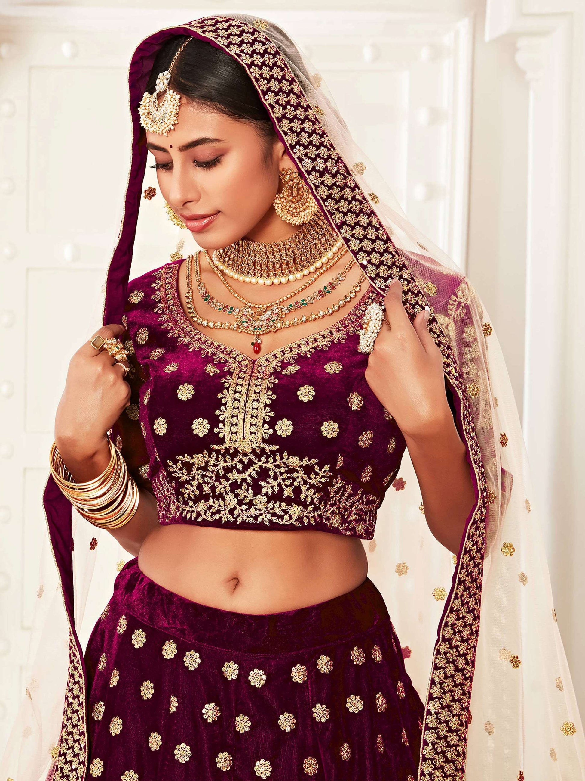 Attractive Purple Embroidered Velvet Bridal Wear Lehenga Choli - Zeel Clothing
