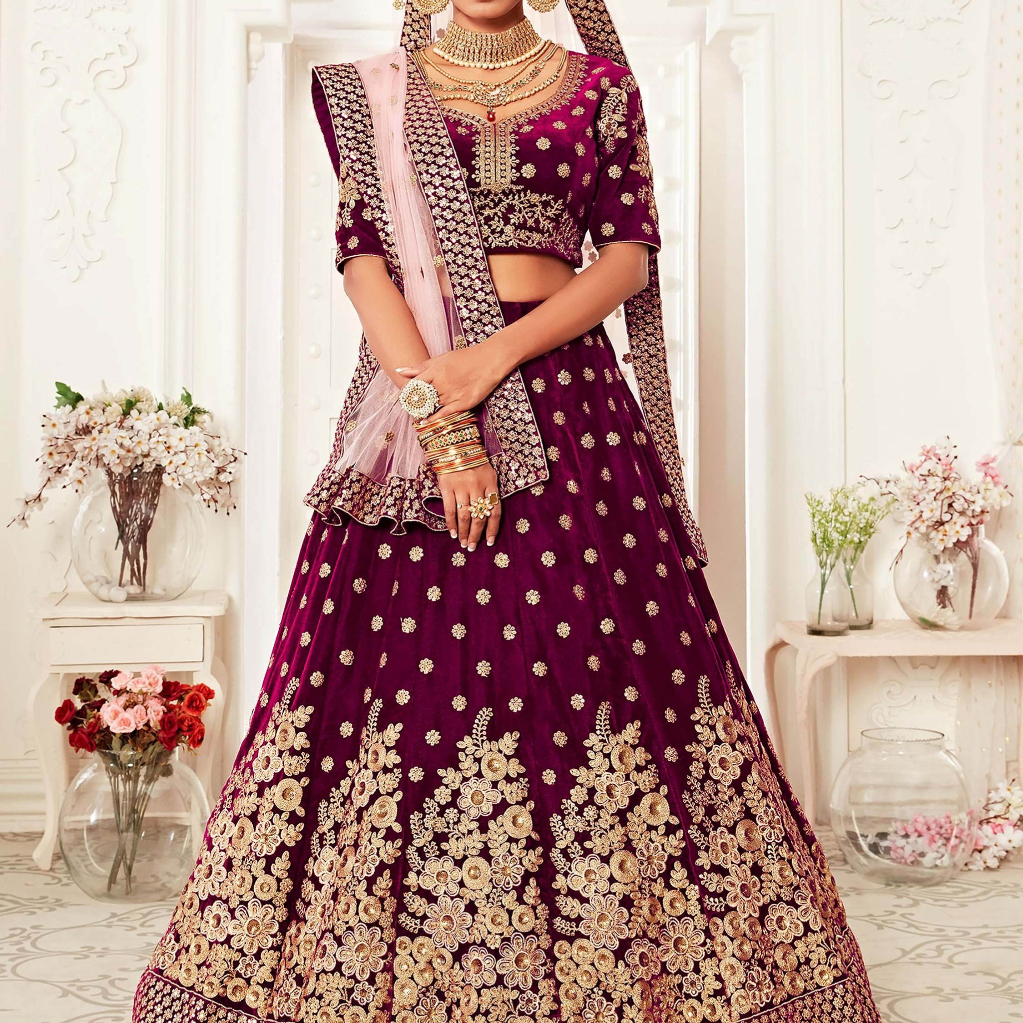 Attractive Purple Embroidered Velvet Bridal Wear Lehenga Choli - Zeel Clothing