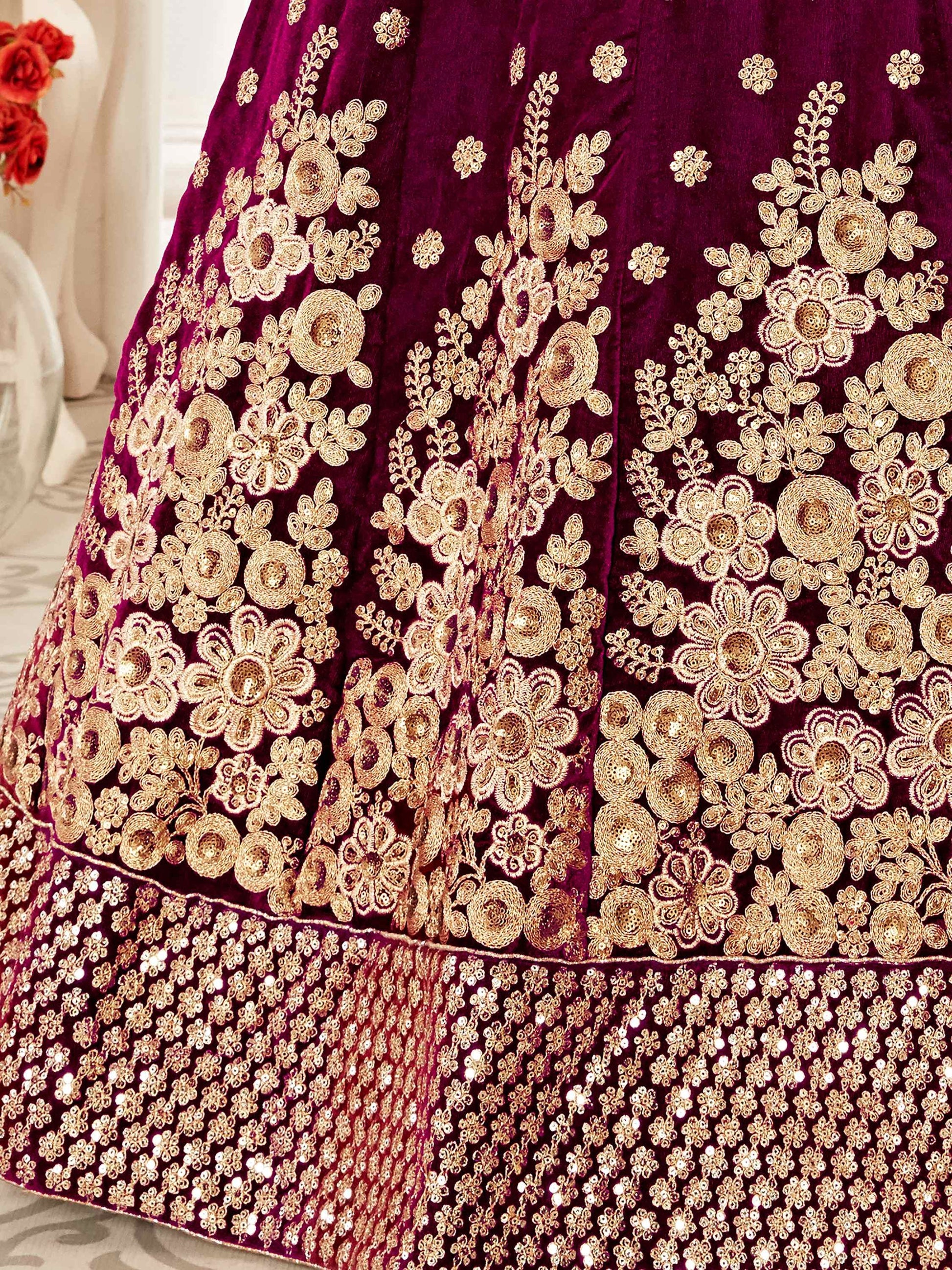 Attractive Purple Embroidered Velvet Bridal Wear Lehenga Choli - Zeel Clothing