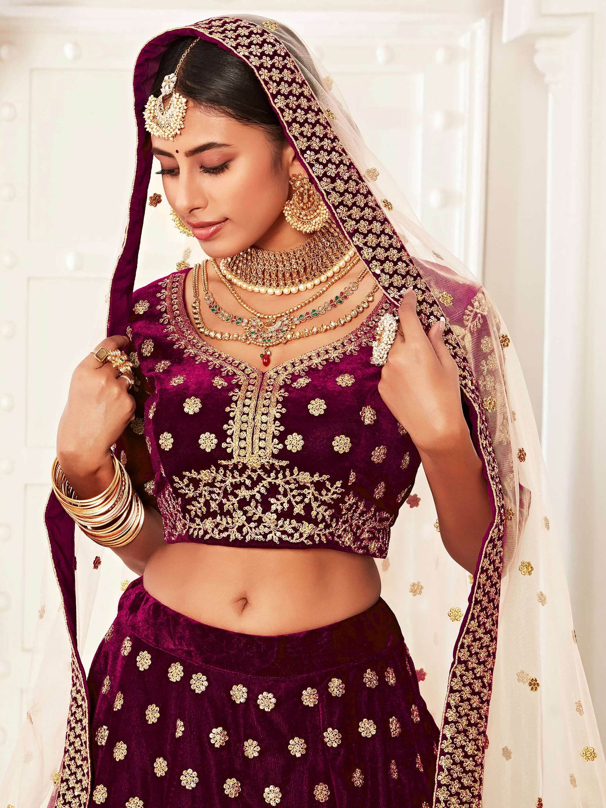 Attractive Purple Embroidered Velvet Bridal Wear Lehenga Choli - Zeel Clothing