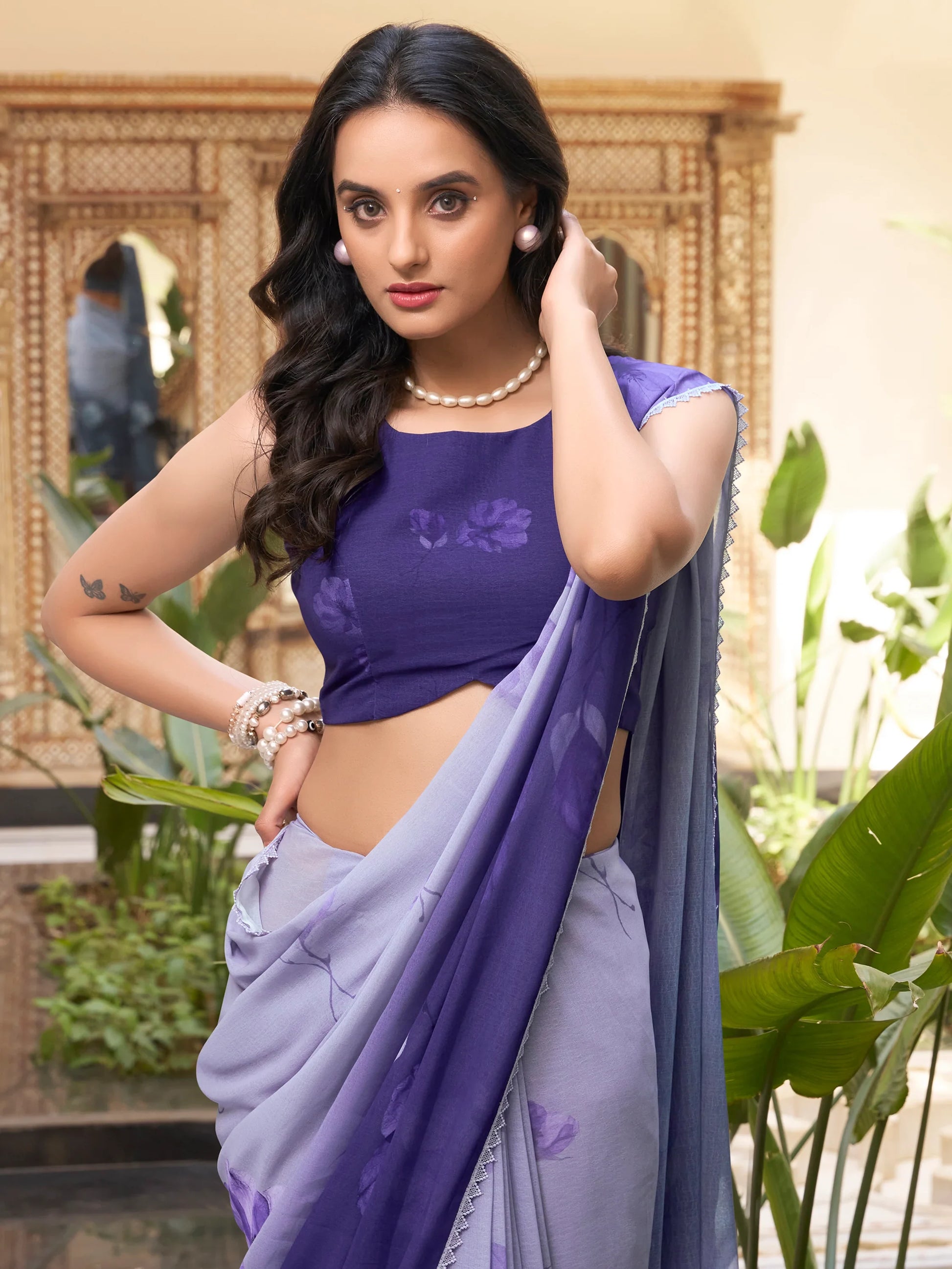 Attractive Purple Floral Printed Chiffon Office Wear Saree With Blouse - Zeel Clothing