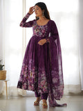 Attractive Purple Floral Printed Organza Event Wear Anarkali Suit