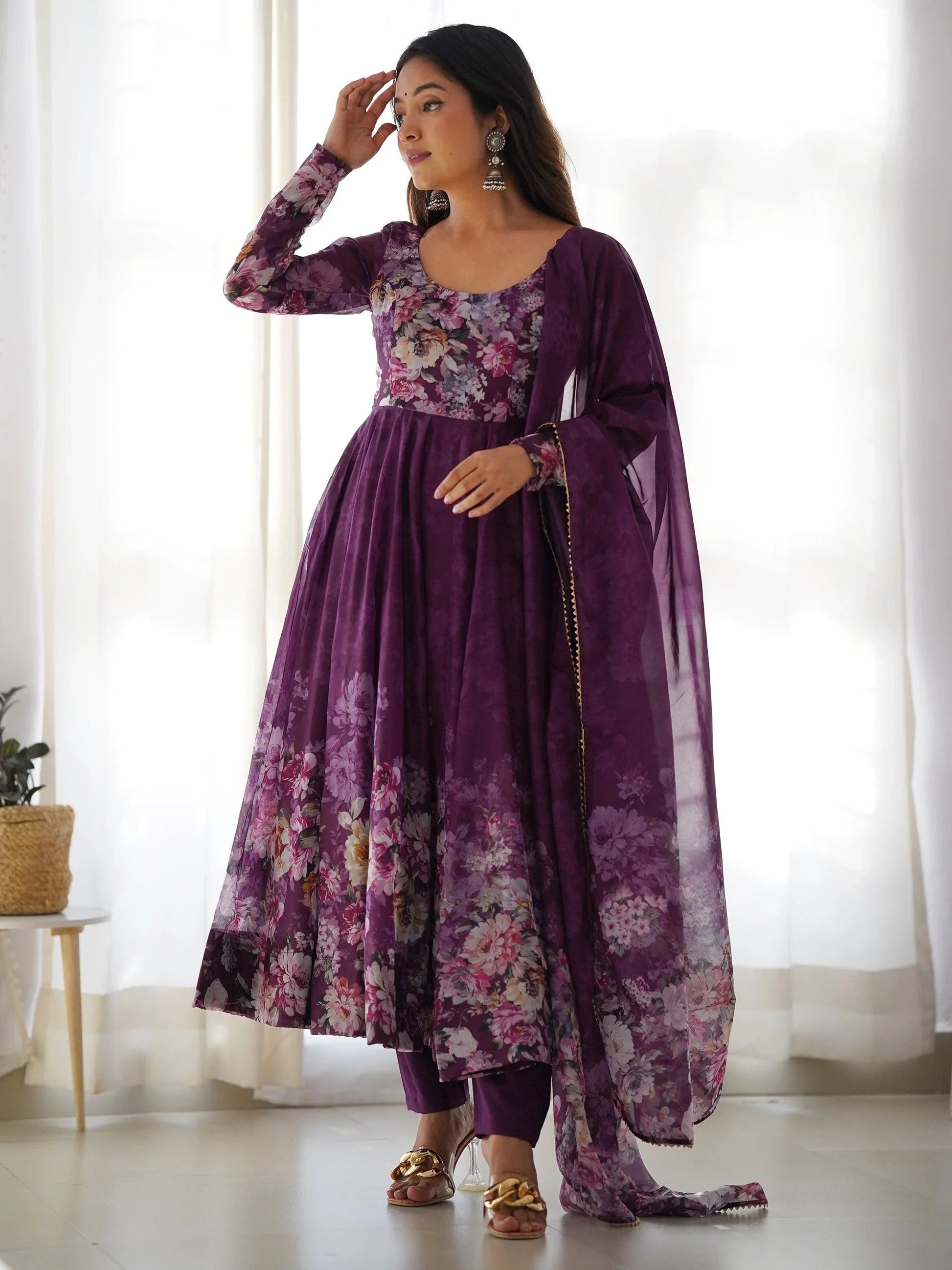 Attractive Purple Floral Printed Organza Event Wear Anarkali Suit