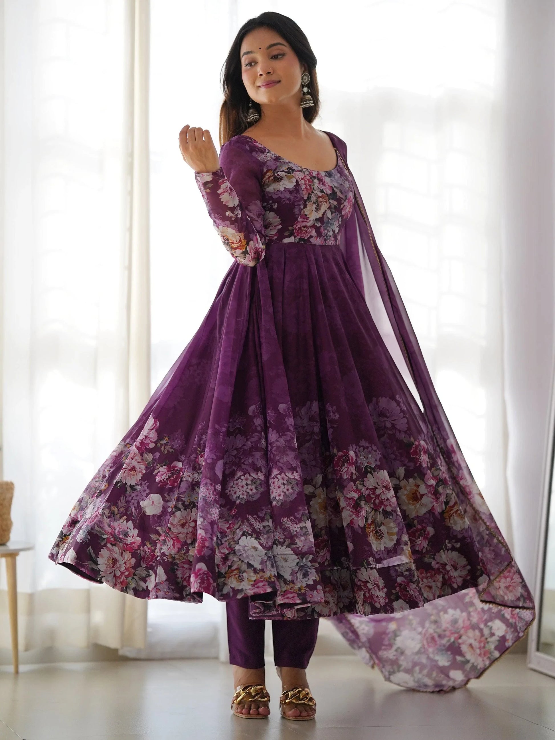 Attractive Purple Floral Printed Organza Event Wear Anarkali Suit