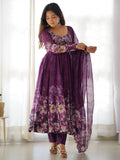 Attractive Purple Floral Printed Organza Event Wear Anarkali Suit