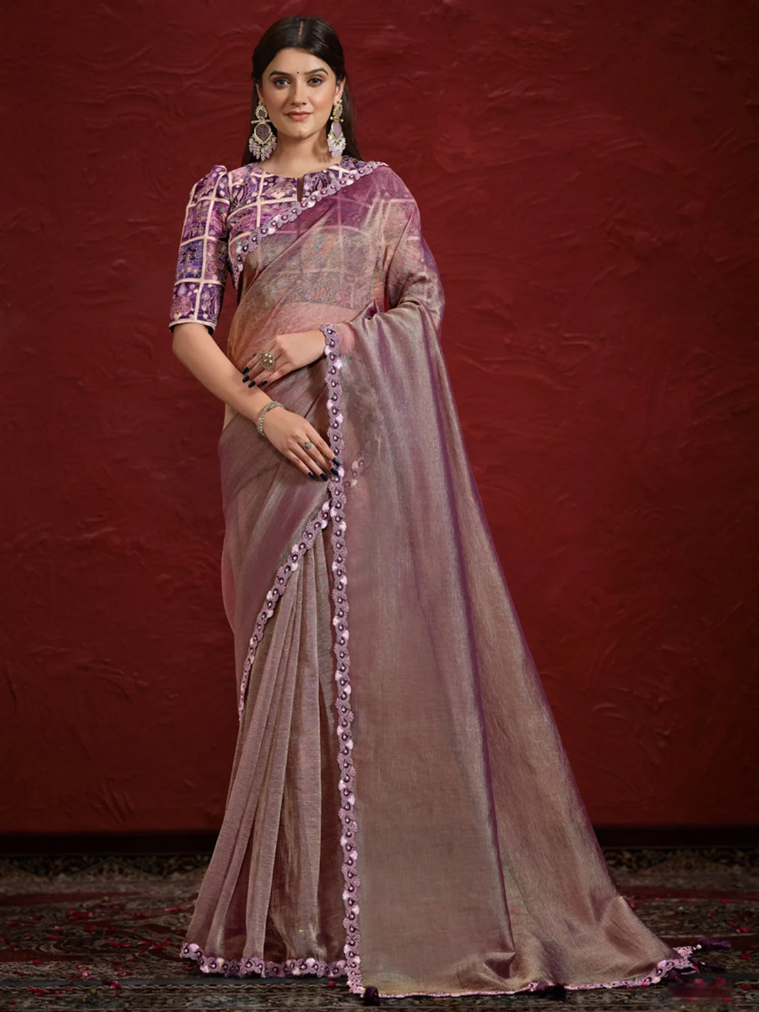 Attractive Purple Lace Work Banarasi Silk Reception Wear Saree - Zeel Clothing