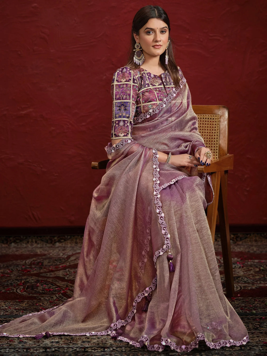 Attractive Purple Lace Work Banarasi Silk Reception Wear Saree - Zeel Clothing