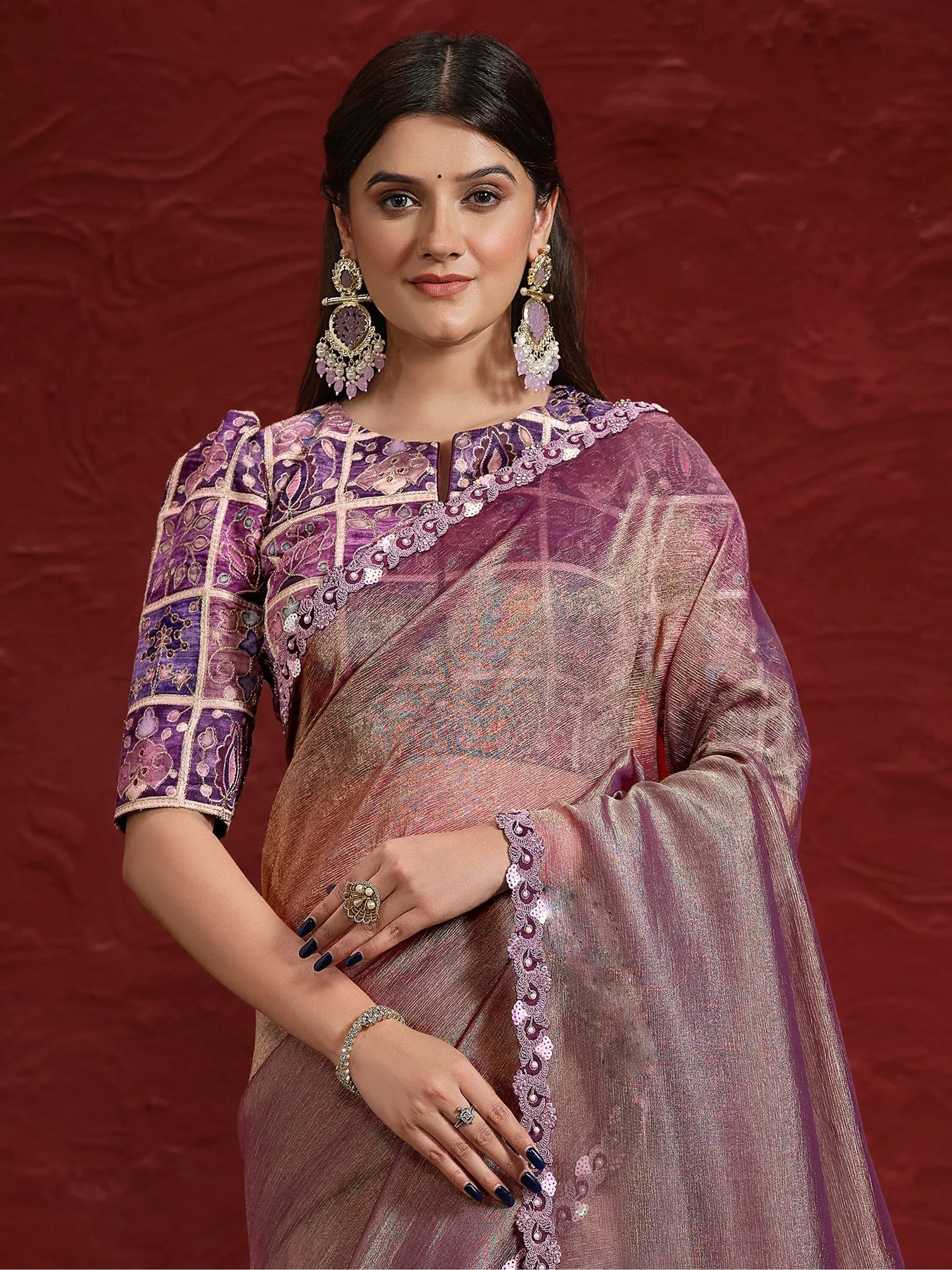 Attractive Purple Lace Work Banarasi Silk Reception Wear Saree - Zeel Clothing