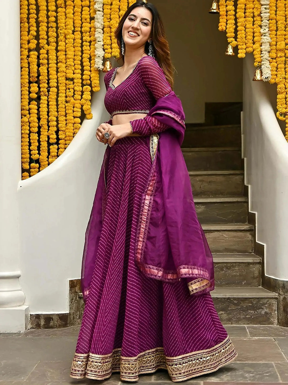Attractive Purple Leheriya Printed Georgette Festive Wear Lehenga Choli - Zeel Clothing