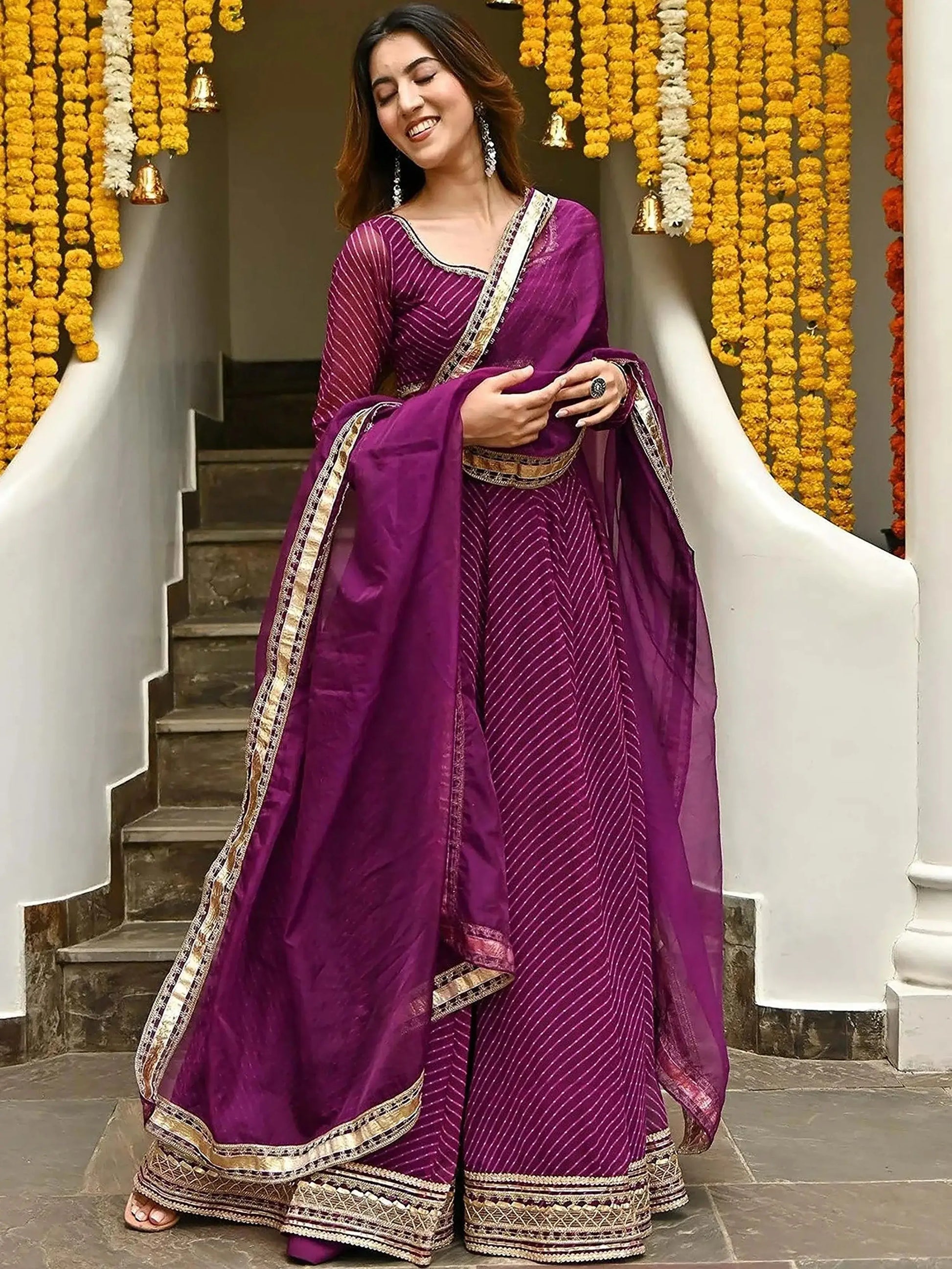 Attractive Purple Leheriya Printed Georgette Festive Wear Lehenga Choli - Zeel Clothing