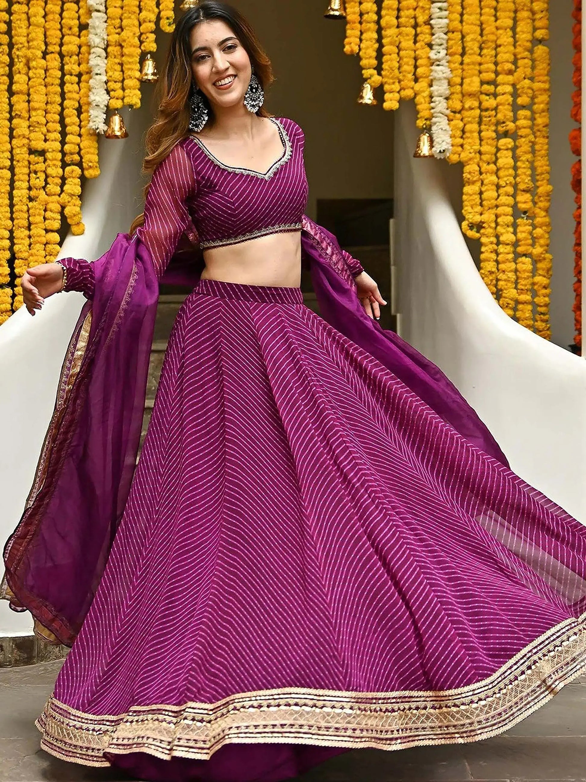 Attractive Purple Leheriya Printed Georgette Festive Wear Lehenga Choli - Zeel Clothing