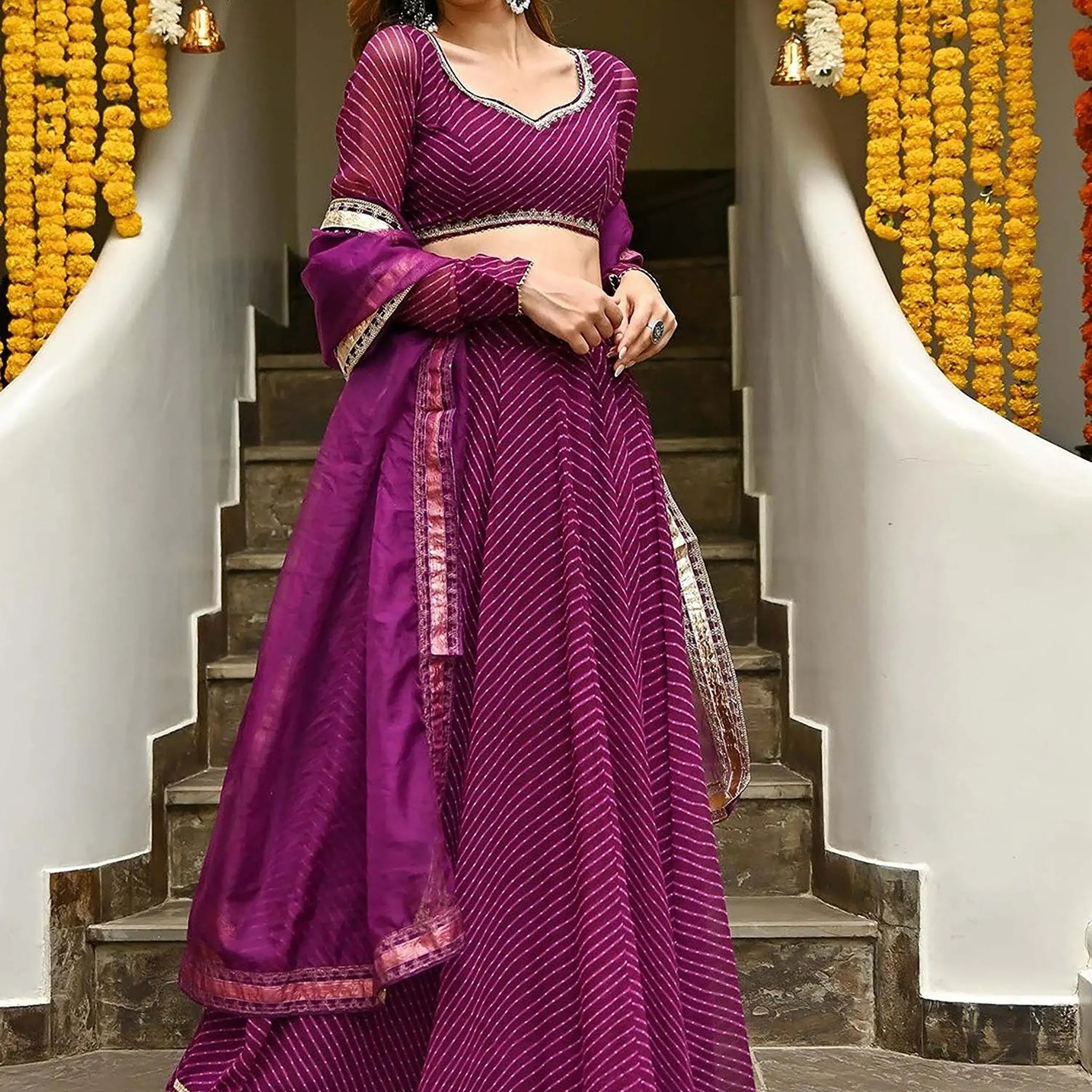 Attractive Purple Leheriya Printed Georgette Festive Wear Lehenga Choli - Zeel Clothing