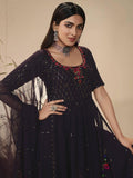 Black embroidered anarkali with floral detailing, sheer sleeves, and matching dupatta for women's ethnic wear