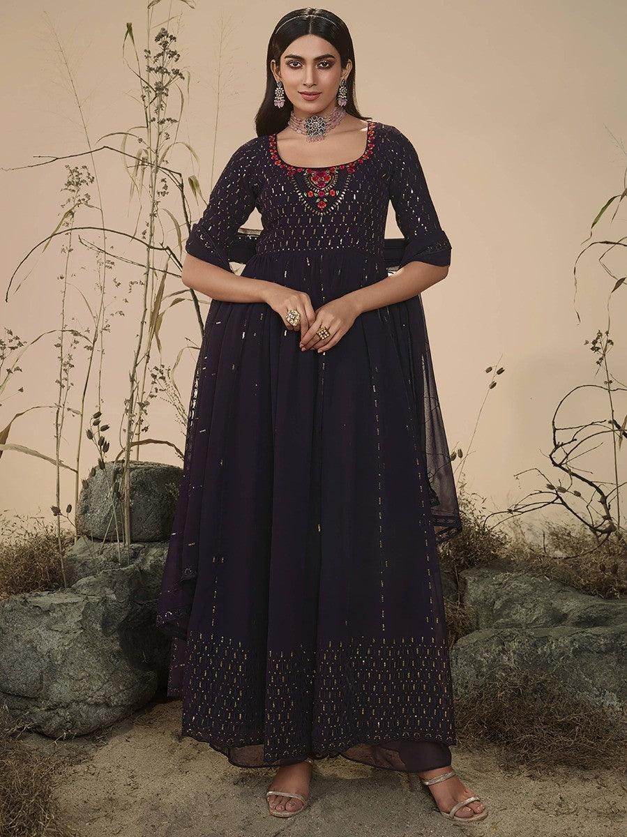 Attractive Purple Sequins Georgette Ready-Made Palazzo Suit - Zeel Clothing