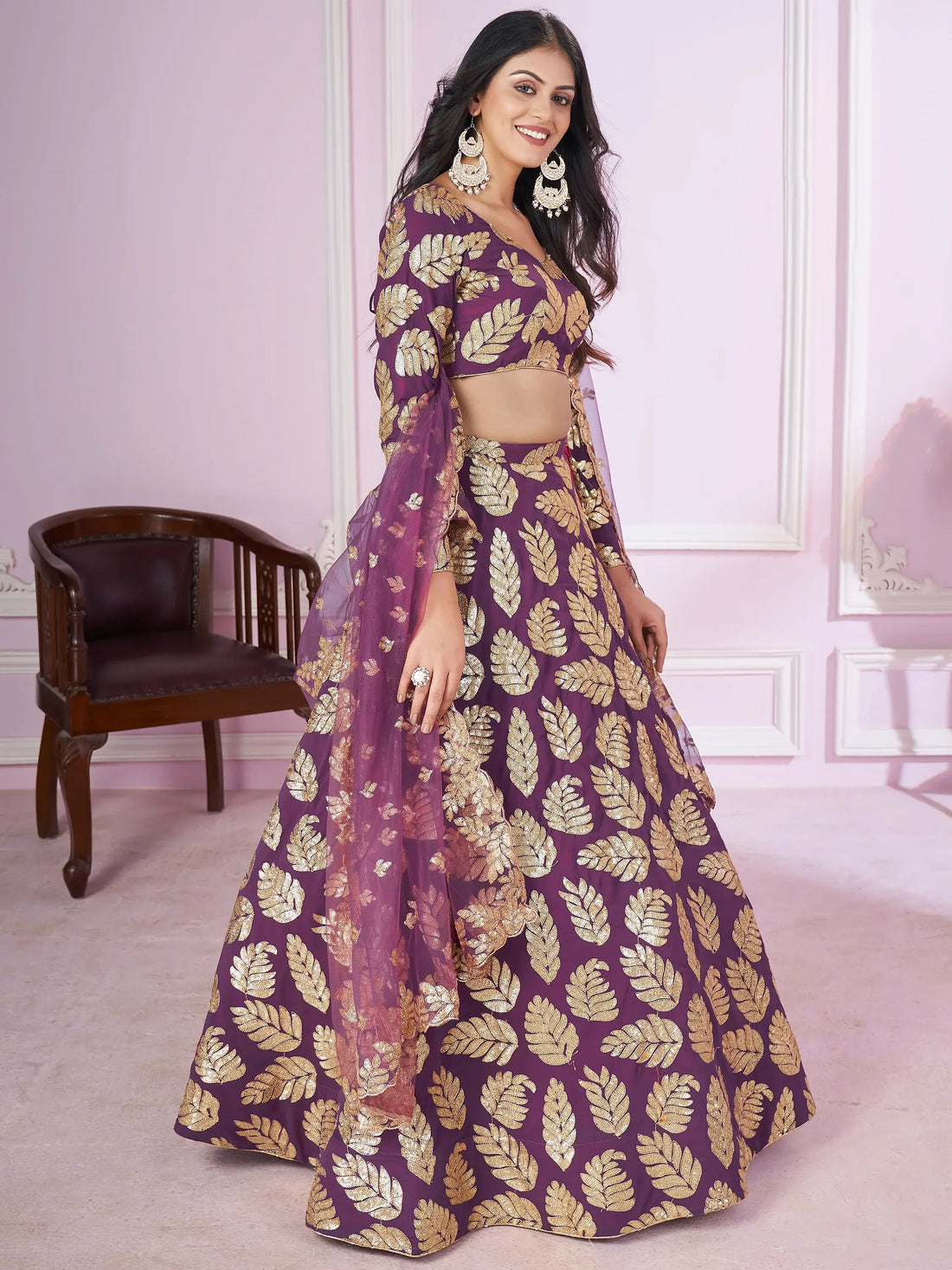 Attractive Purple Sequins Georgette Wedding Lehenga Choli - Zeel Clothing