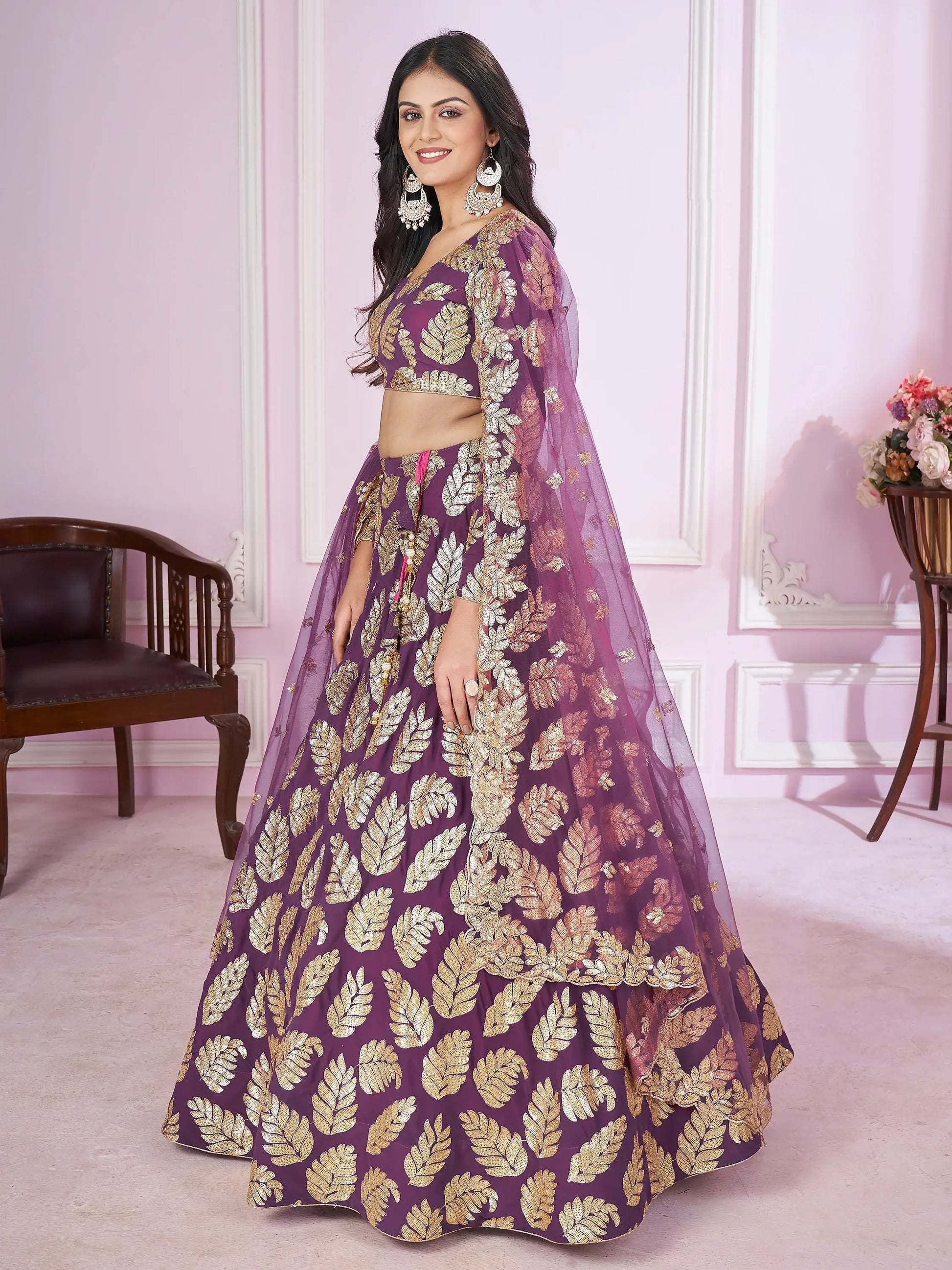 Attractive Purple Sequins Georgette Wedding Lehenga Choli - Zeel Clothing