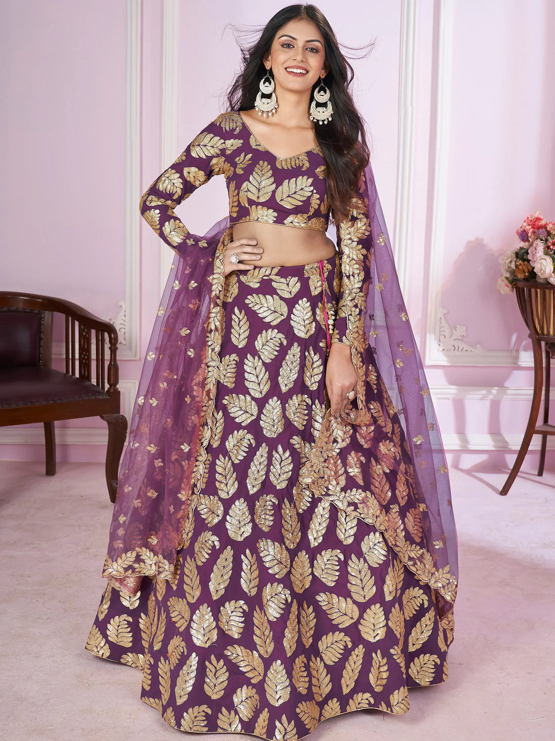 Attractive Purple Sequins Georgette Wedding Lehenga Choli - Zeel Clothing