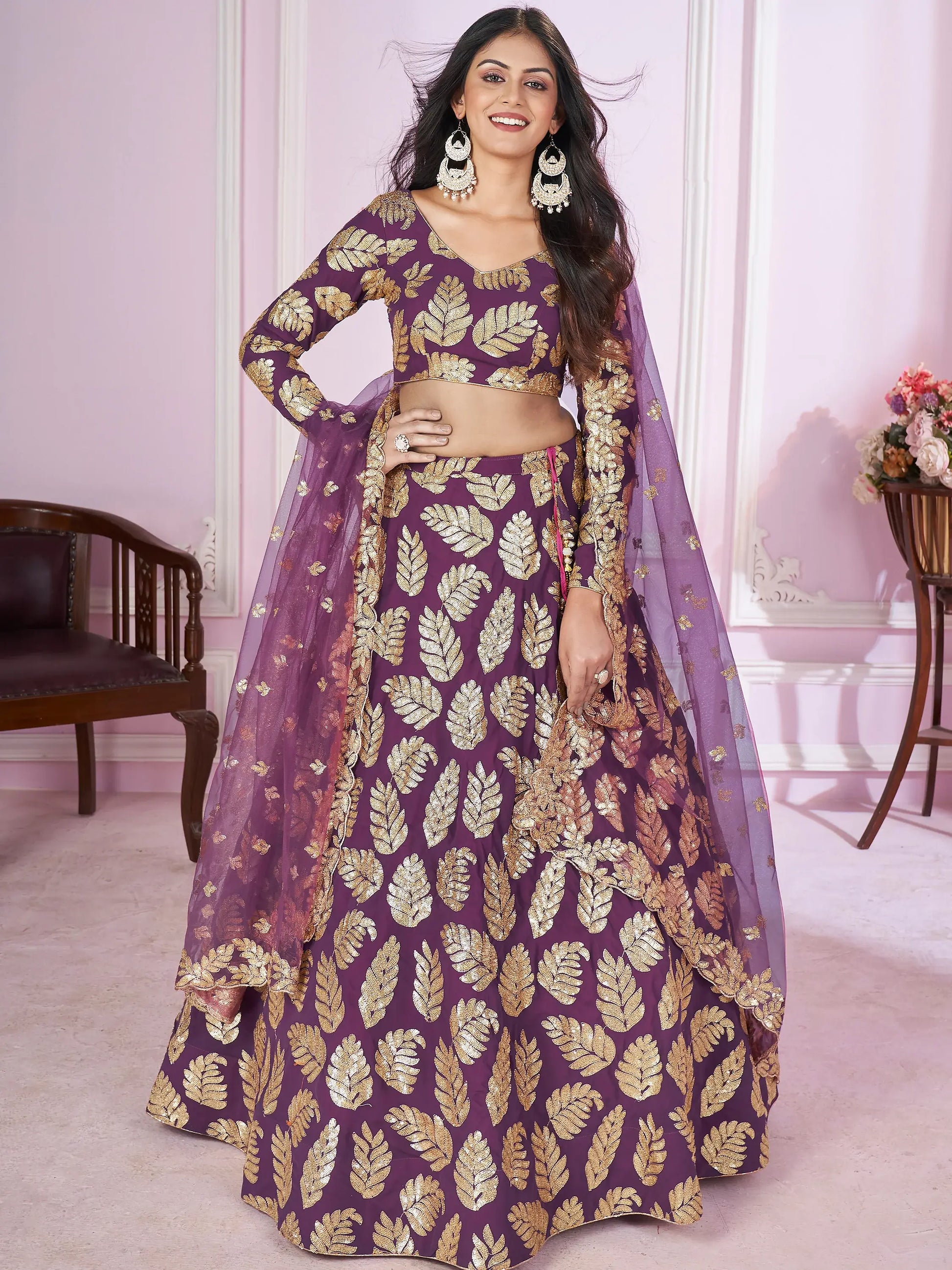 Attractive Purple Sequins Georgette Wedding Lehenga Choli - Zeel Clothing