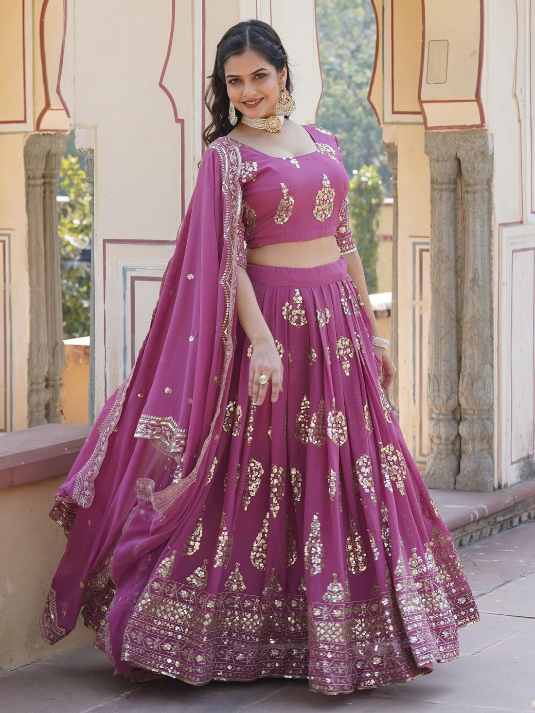 Attractive Purple Sequins Georgette Wedding Wear Lehenga Choli