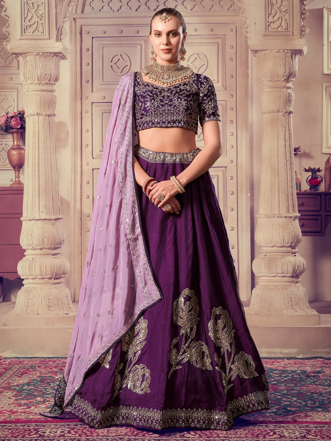 Attractive Purple Sequins Silk Wedding Lehenga Choli With Dupatta - Zeel Clothing