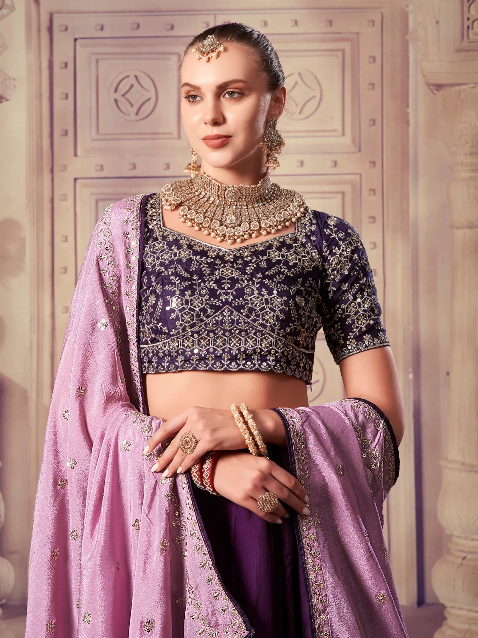 Attractive Purple Sequins Silk Wedding Lehenga Choli With Dupatta - Zeel Clothing