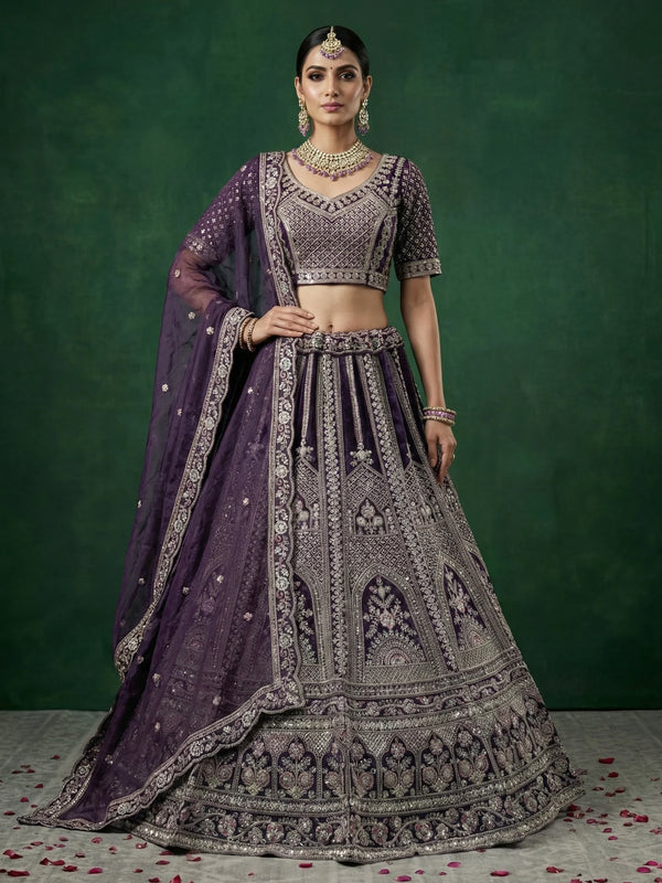Attractive Purple Sequins Work Satin Wedding Wear Lehenga Choli With Dupatta