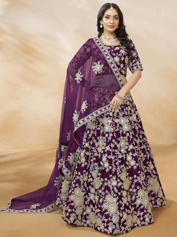 Attractive Purple Sequins Work Silk Reception Wear Lehenga Choli - Zeel Clothing