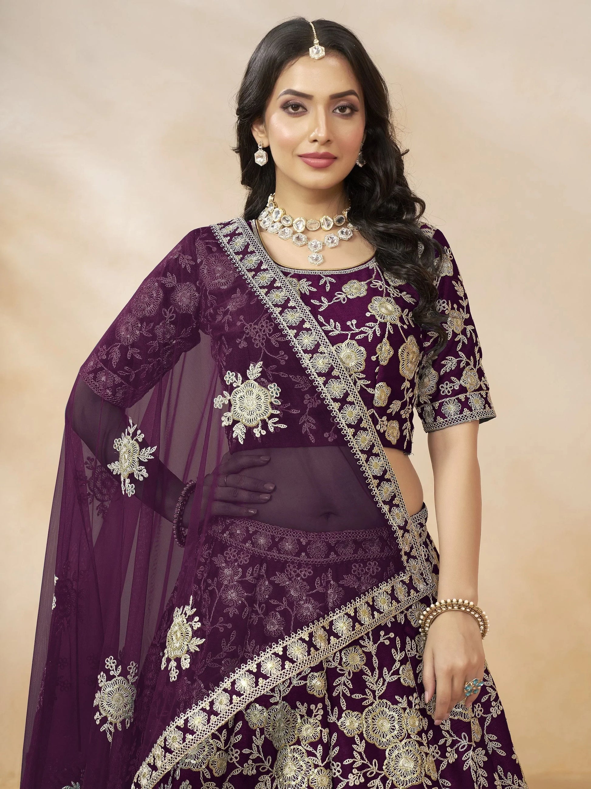 Attractive Purple Sequins Work Silk Reception Wear Lehenga Choli - Zeel Clothing