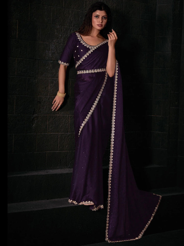 Attractive Purple Stone Work Satin Reception Wear Saree With Blouse