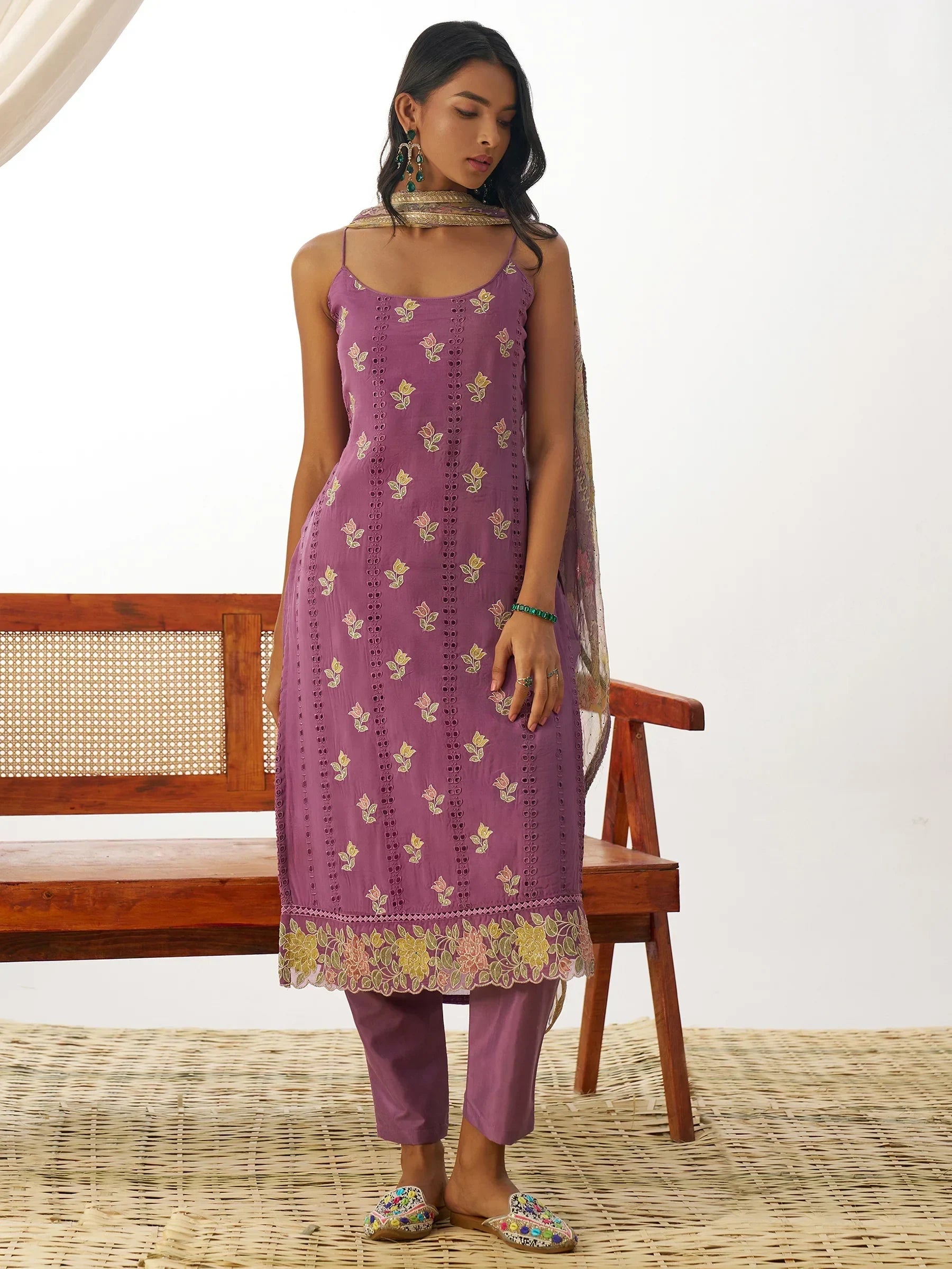 Attractive Purple Thread Embroidery Organza Event Wear Straight Suit - Zeel Clothing