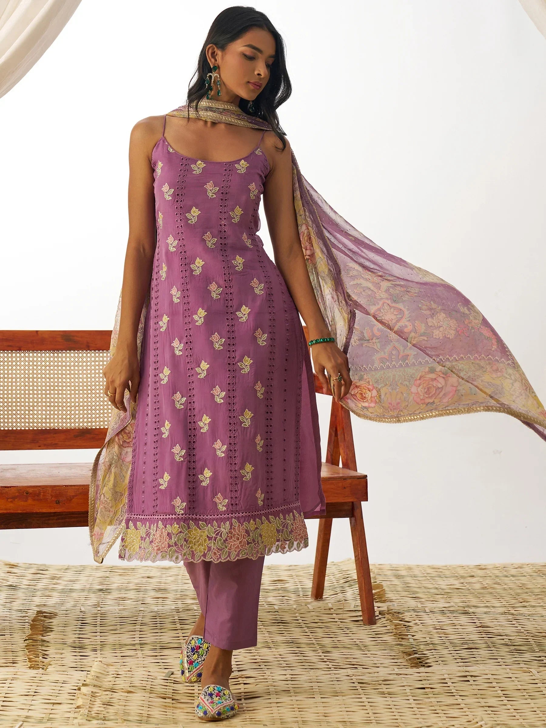 Attractive Purple Thread Embroidery Organza Event Wear Straight Suit - Zeel Clothing