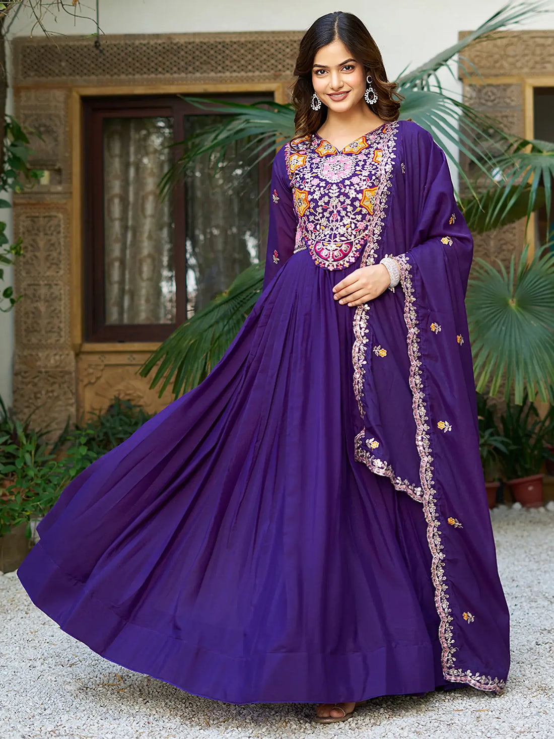 Attractive Purple Thread Sequins Party Wear Georgette Gown With Dupatta - Zeel Clothing