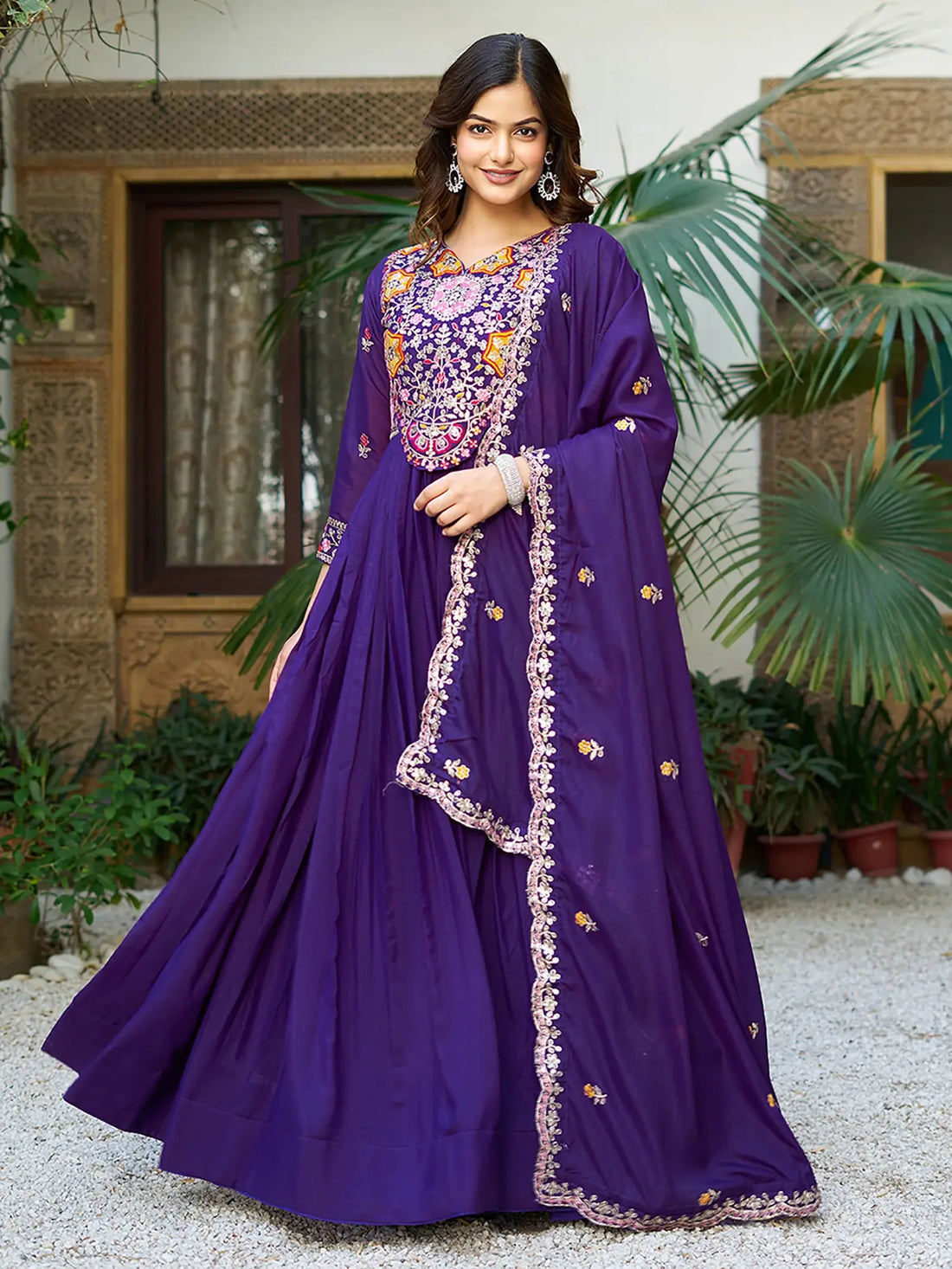 Attractive Purple Thread Sequins Party Wear Georgette Gown With Dupatta - Zeel Clothing