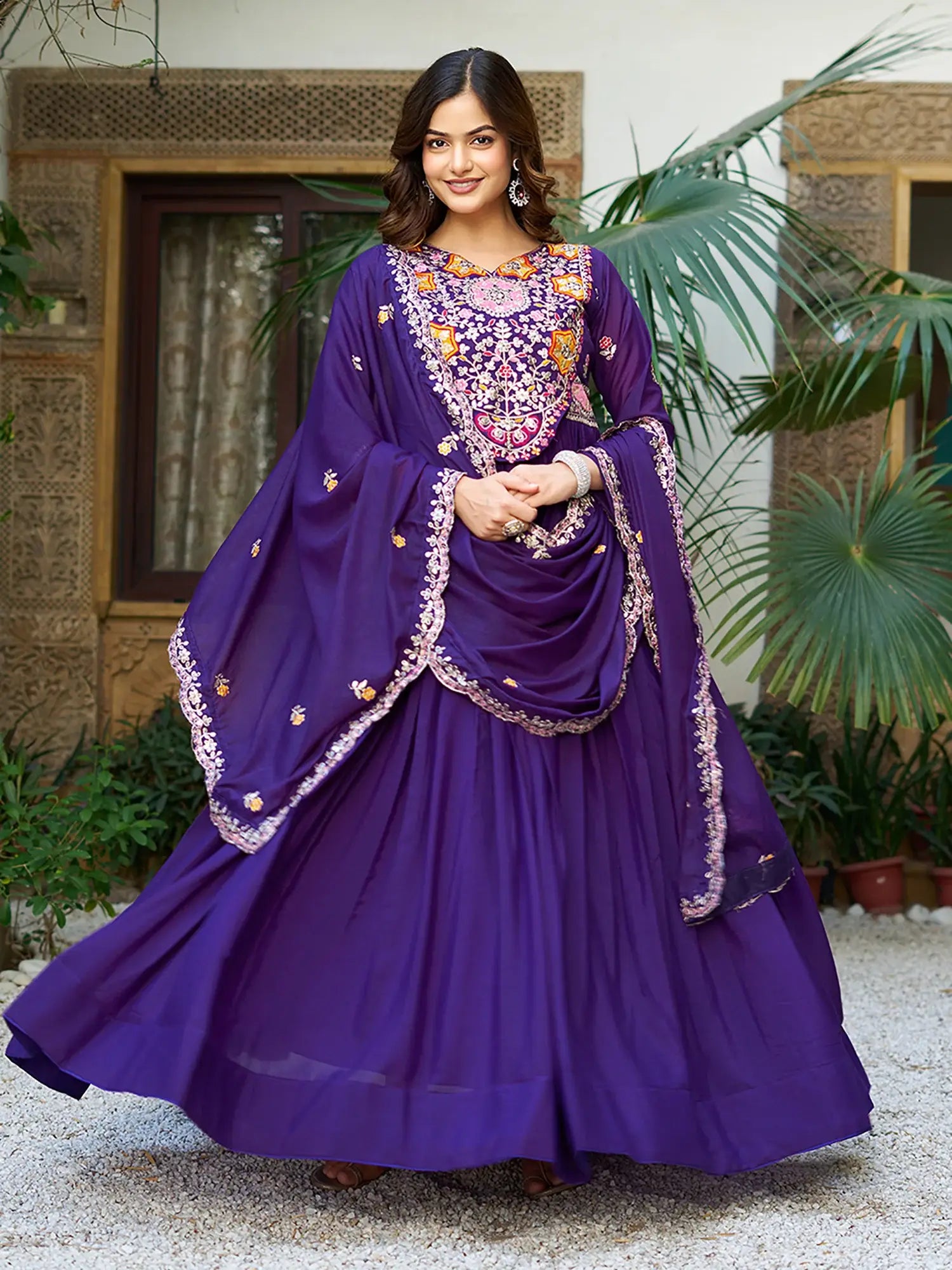 Attractive Purple Thread Sequins Party Wear Georgette Gown With Dupatta - Zeel Clothing