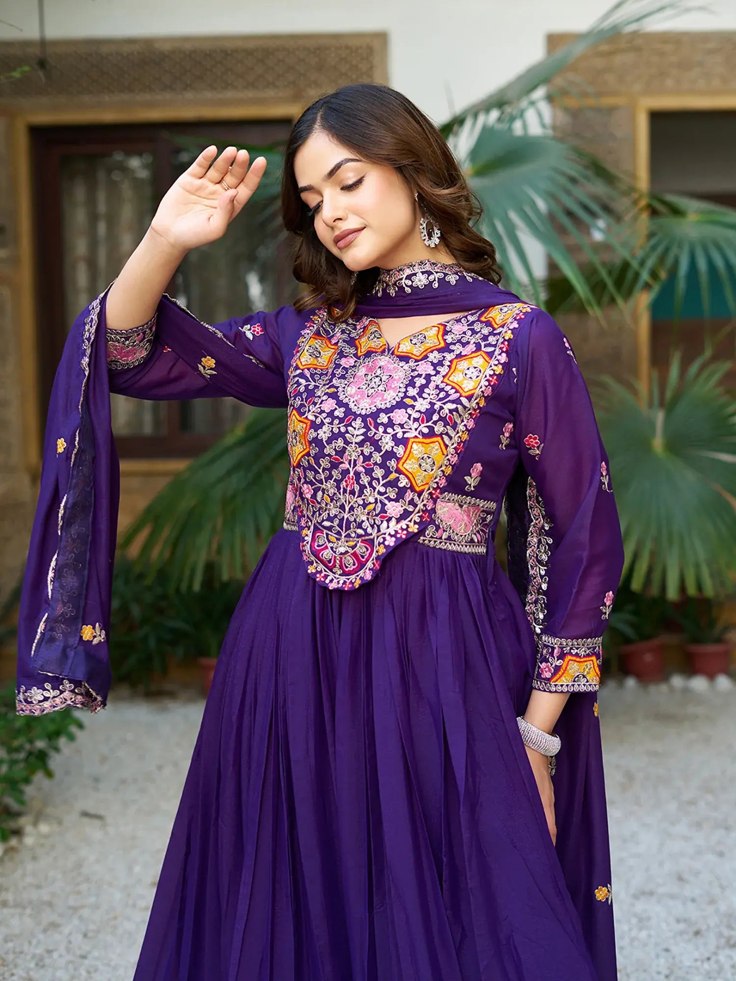 Attractive Purple Thread Sequins Party Wear Georgette Gown With Dupatta - Zeel Clothing