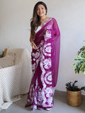 Attractive Purple Thread Work Organza Lucknowi Saree With Blouse - Zeel Clothing