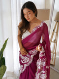 Attractive Purple Thread Work Organza Lucknowi Saree With Blouse - Zeel Clothing