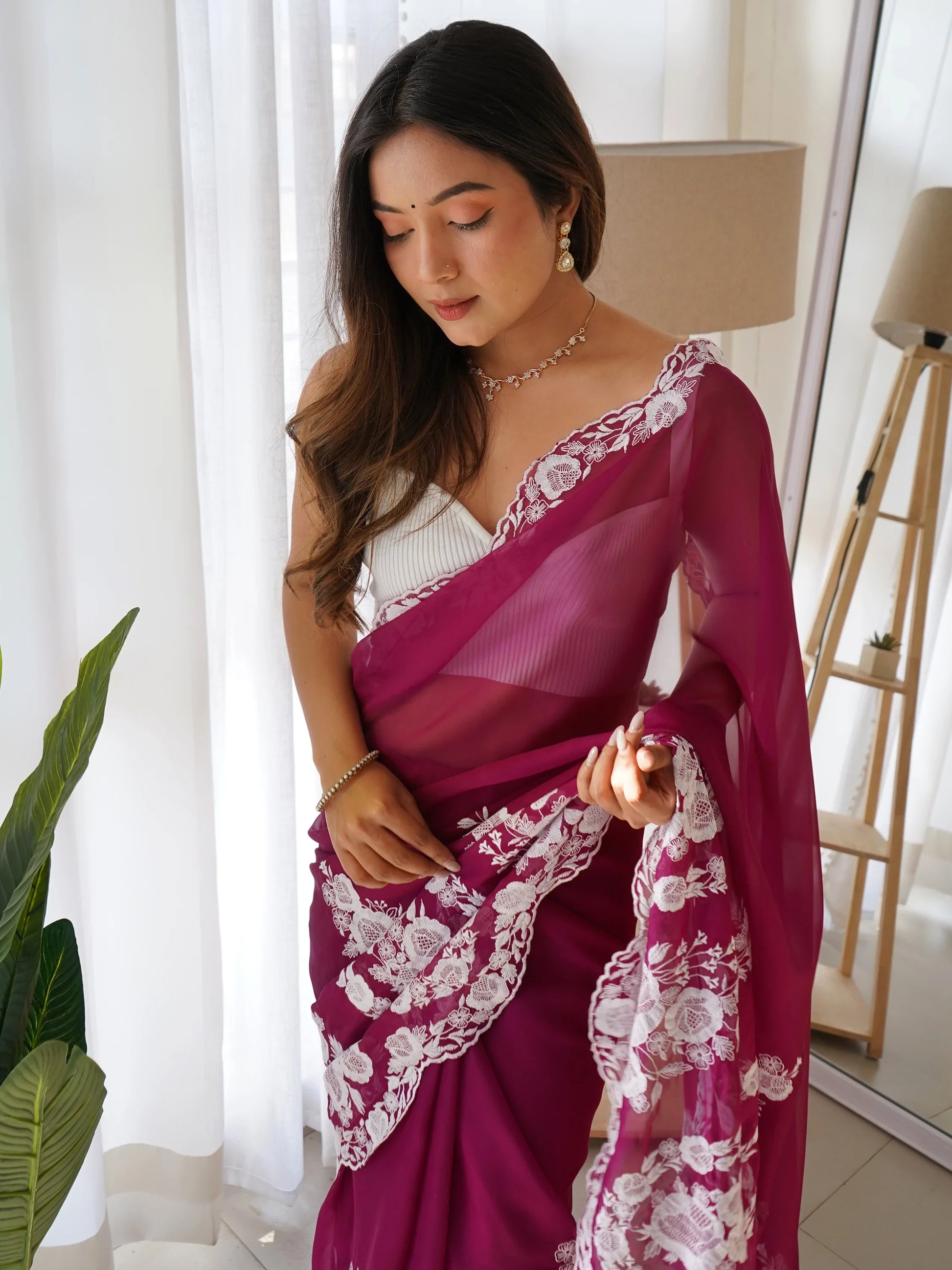 Attractive Purple Thread Work Organza Lucknowi Saree With Blouse - Zeel Clothing