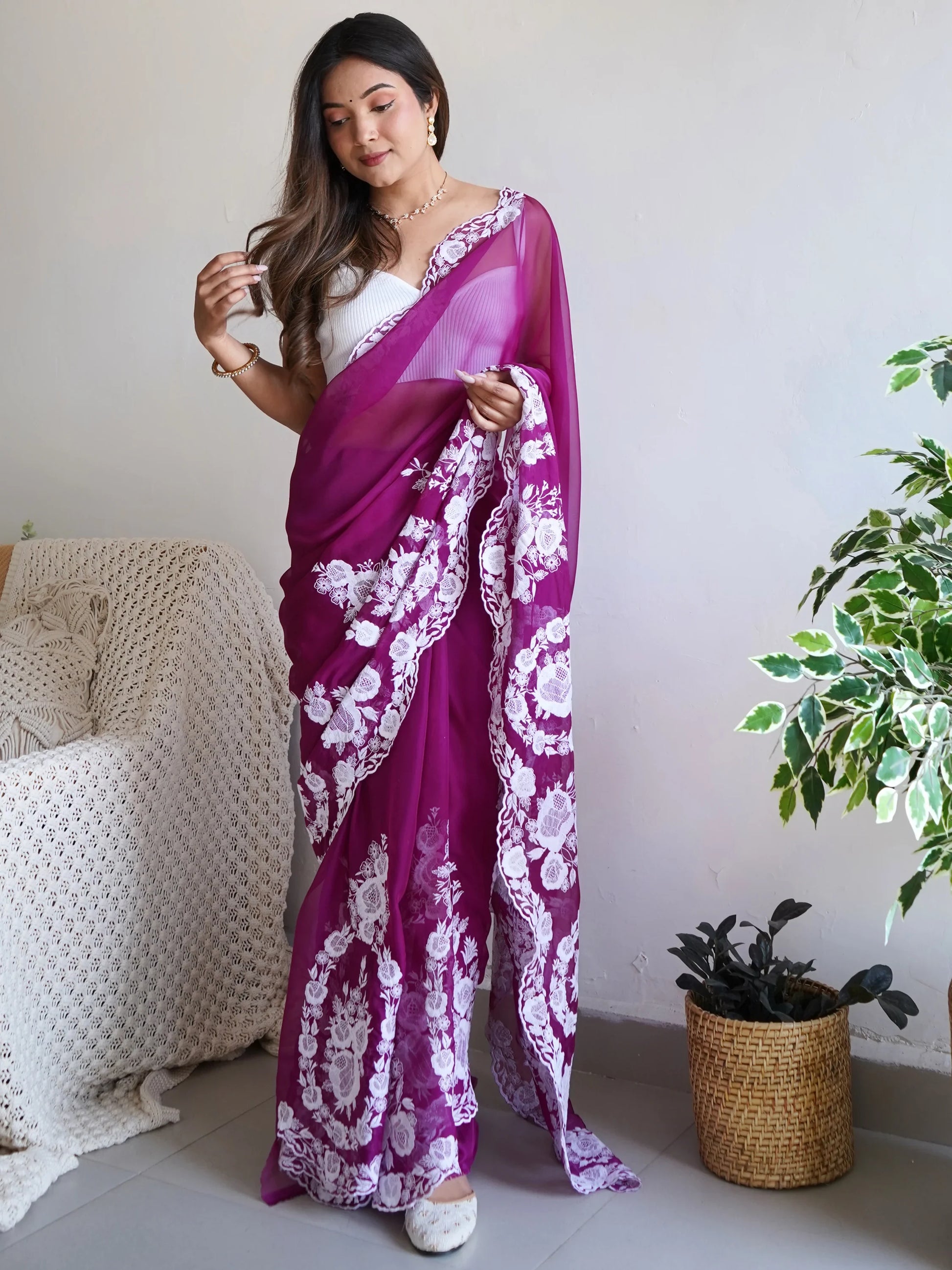 Attractive Purple Thread Work Organza Lucknowi Saree With Blouse - Zeel Clothing