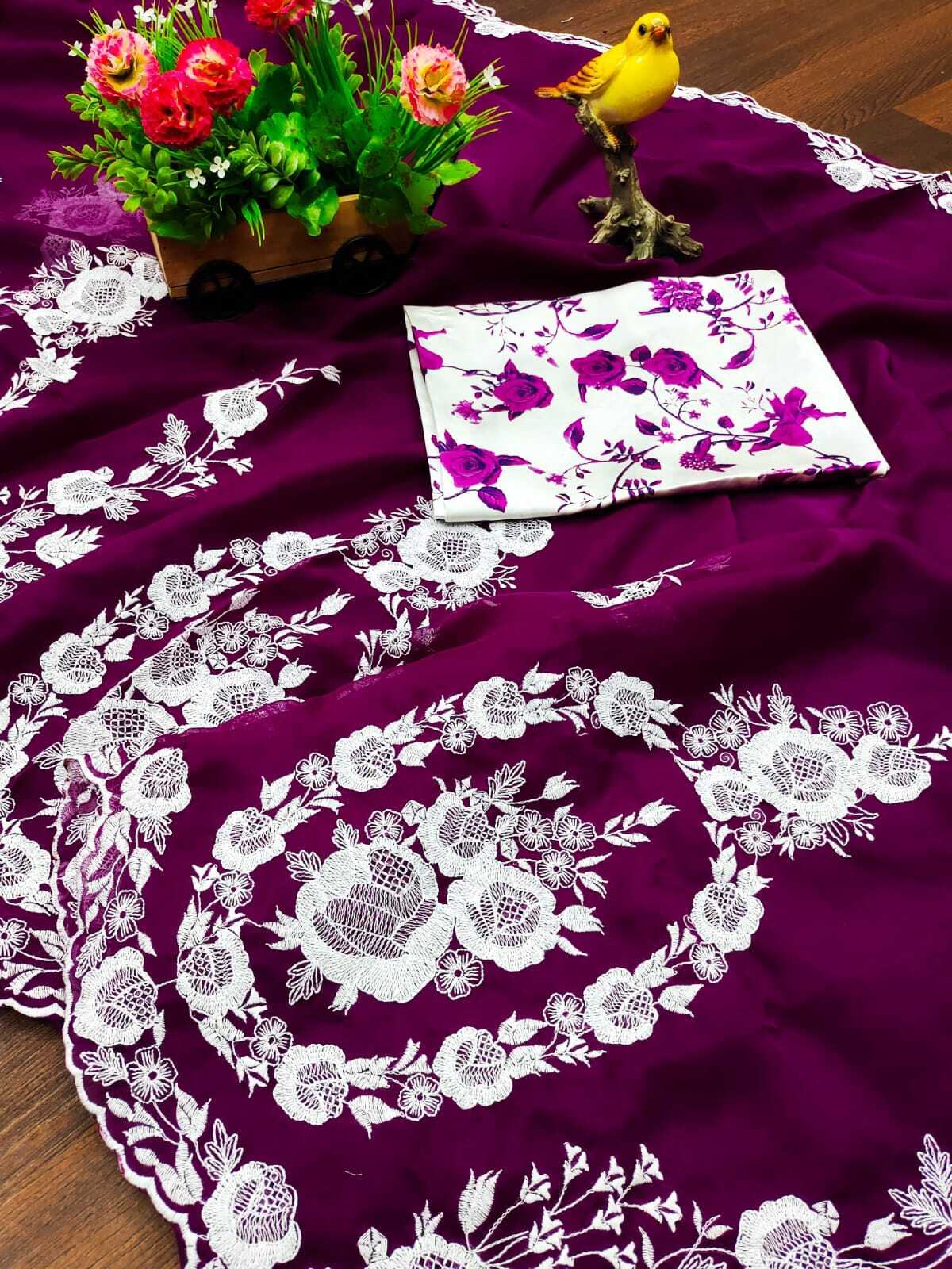 Attractive Purple Thread Work Organza Lucknowi Saree With Blouse - Zeel Clothing
