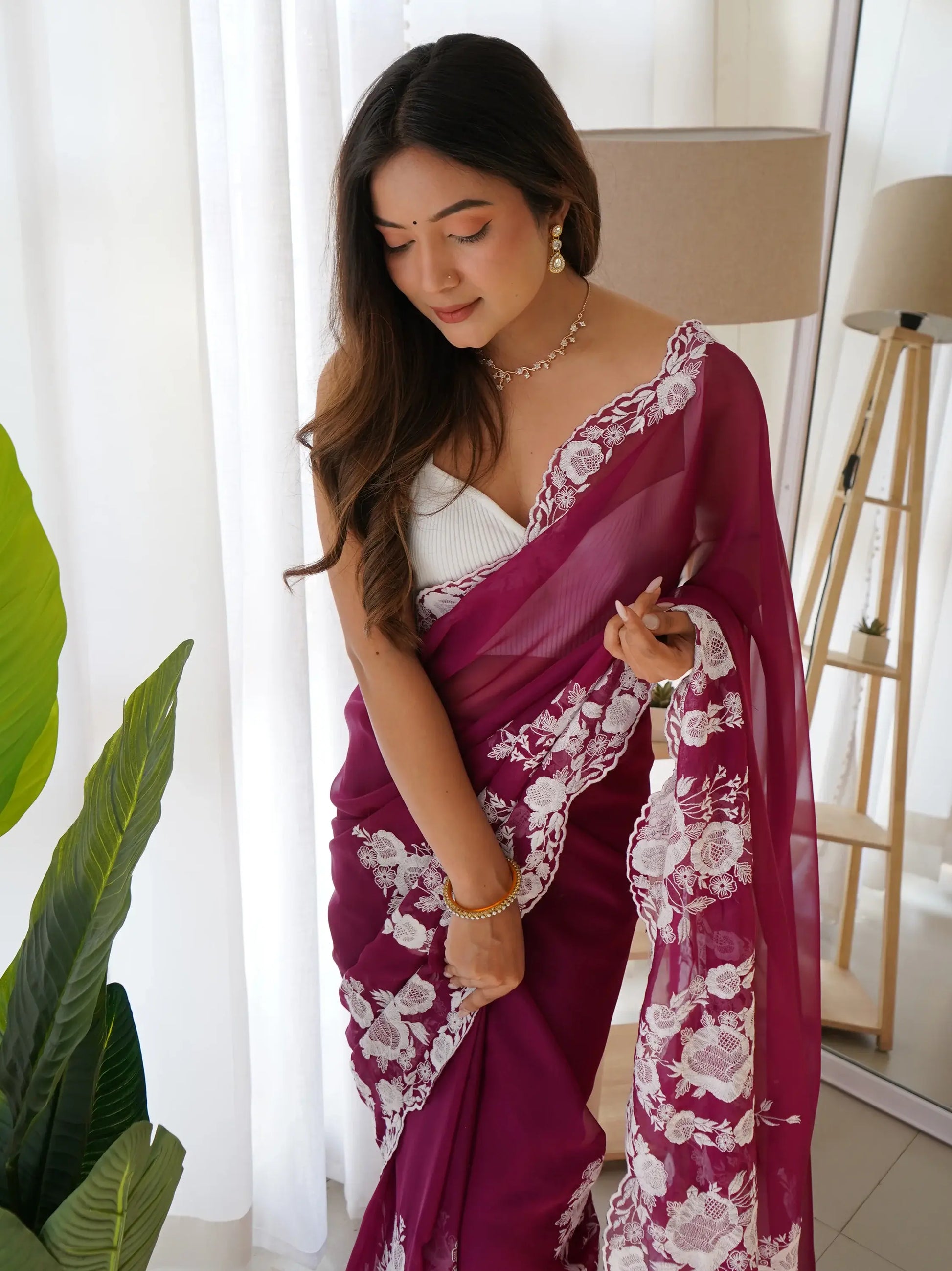 Attractive Purple Thread Work Organza Lucknowi Saree With Blouse - Zeel Clothing