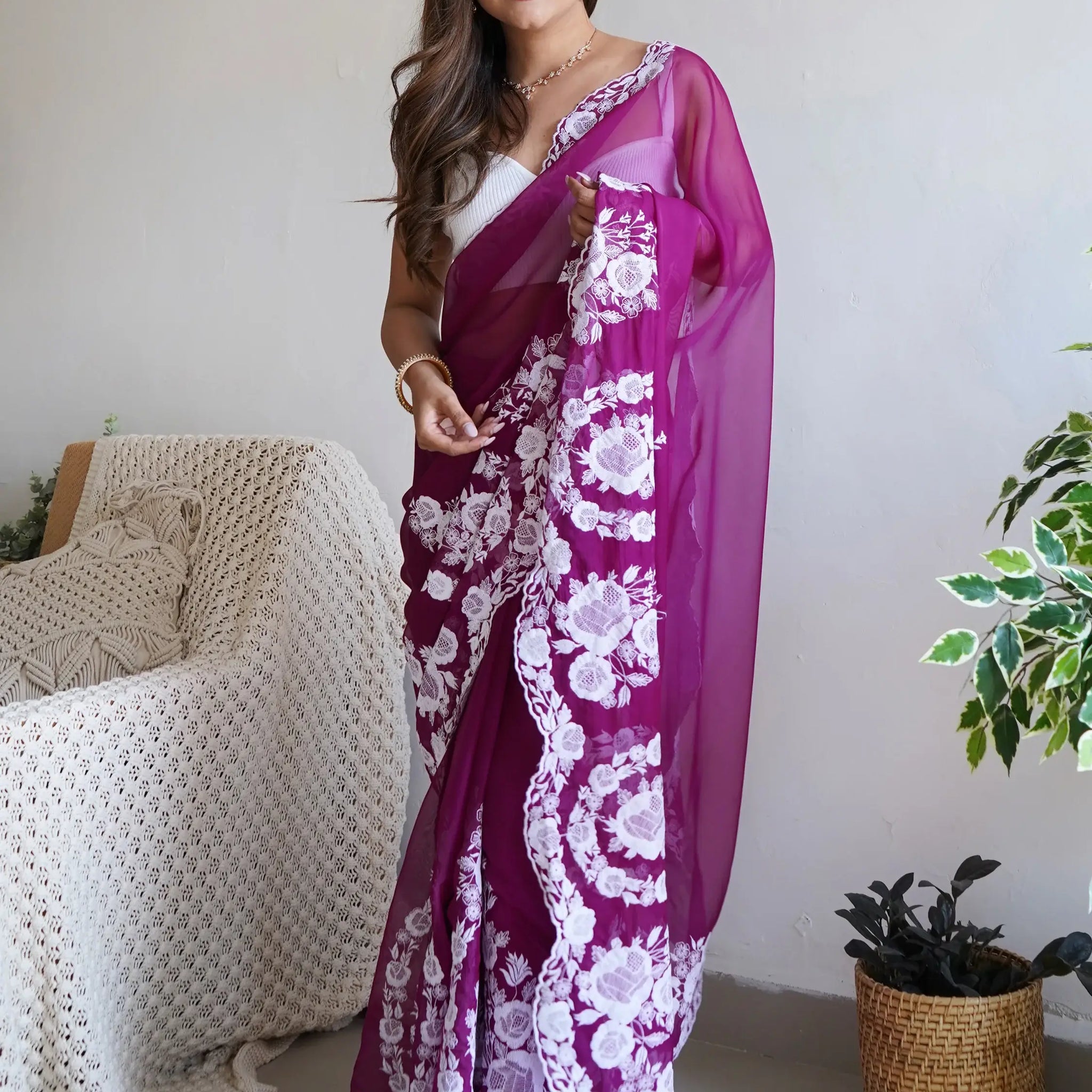 Attractive Purple Thread Work Organza Lucknowi Saree With Blouse - Zeel Clothing