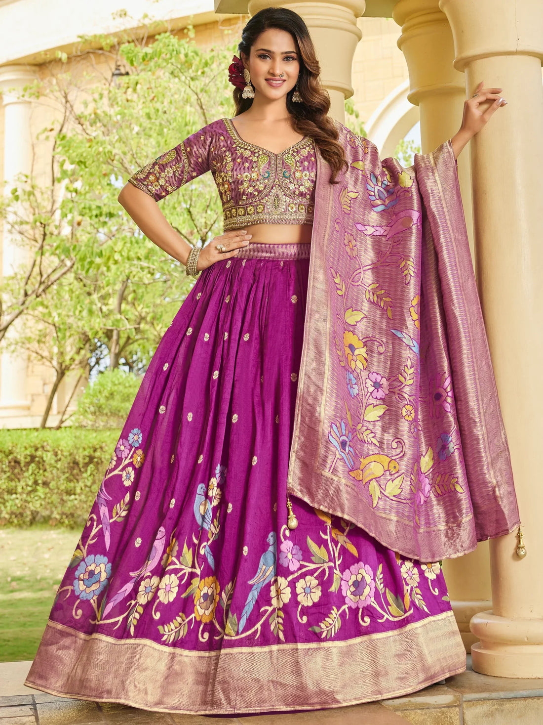 Attractive Purple Zari Weaving Tussar Silk Wedding Wear Lehenga Choli