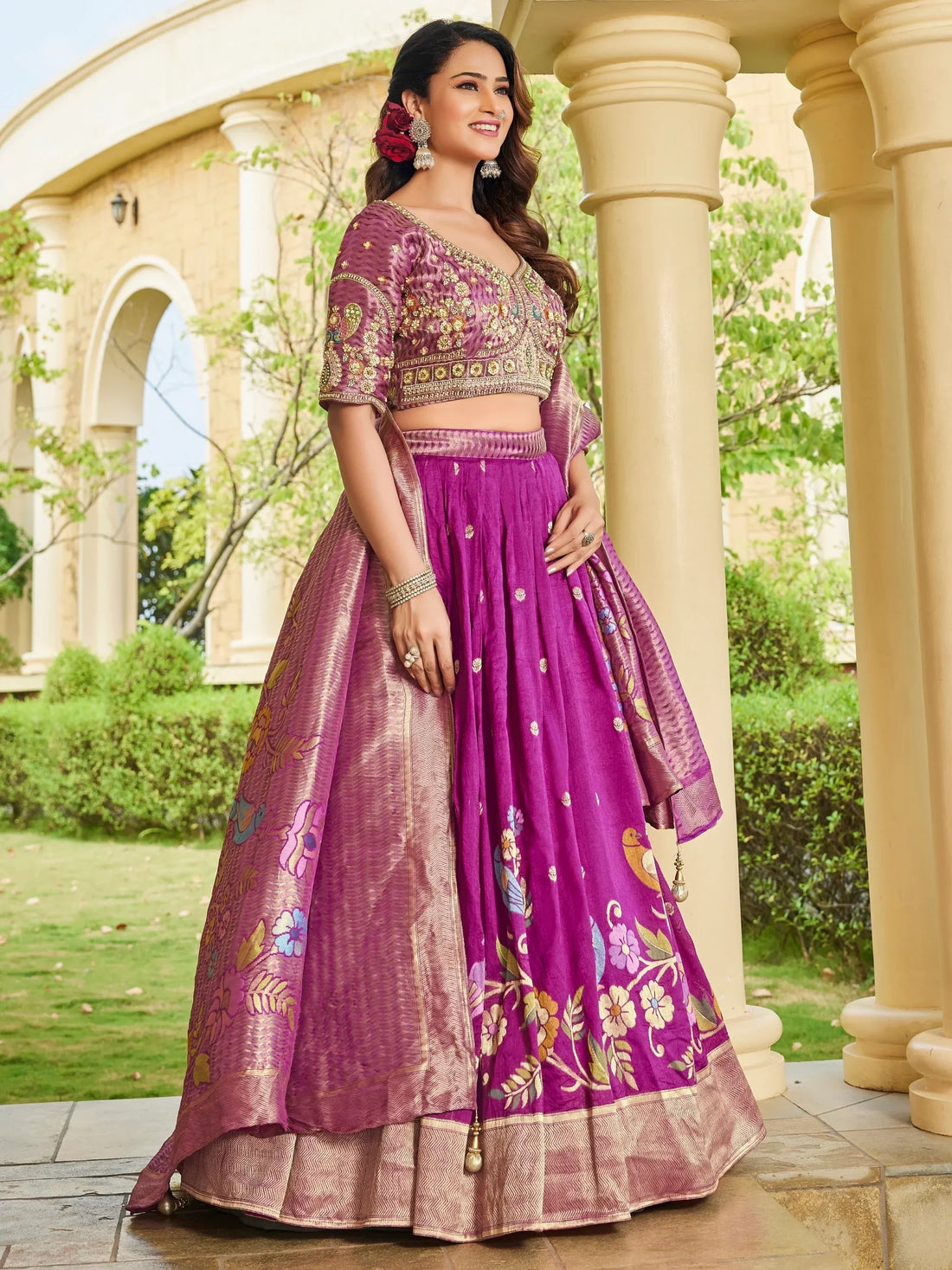 Attractive Purple Zari Weaving Tussar Silk Wedding Wear Lehenga Choli