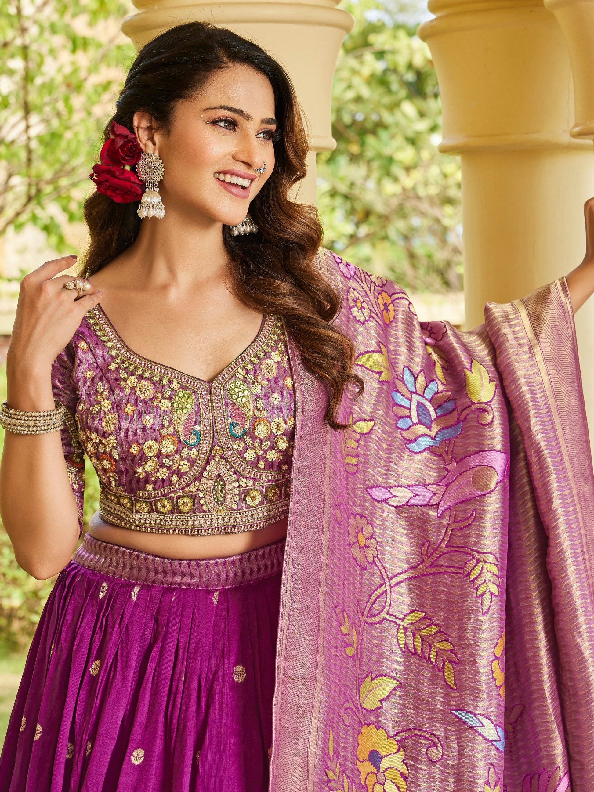 Attractive Purple Zari Weaving Tussar Silk Wedding Wear Lehenga Choli