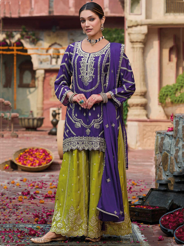 Attractive Purple Zari Work Chinon Eid Wear Palazzo Suit - Zeel Clothing